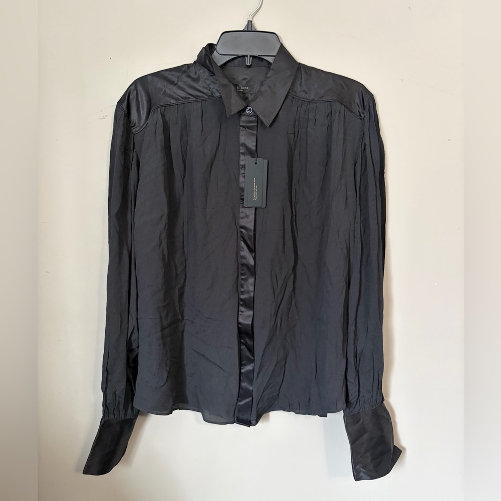NWT rag & bone Aubrey Black Silk Blend Satin Trimmed Crepe Blouse Size M